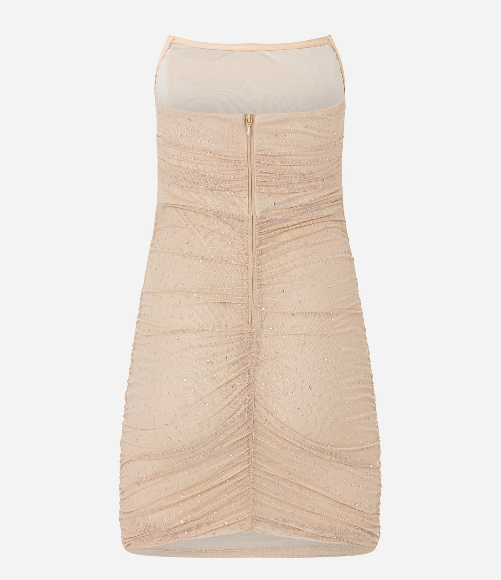 Vestido Curto Tomara que Caia em Tule com Franzido e Brilho Bege 9