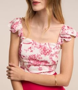 Blusa Cropped em Crepe com Babado na Alças e Estampa Floral
