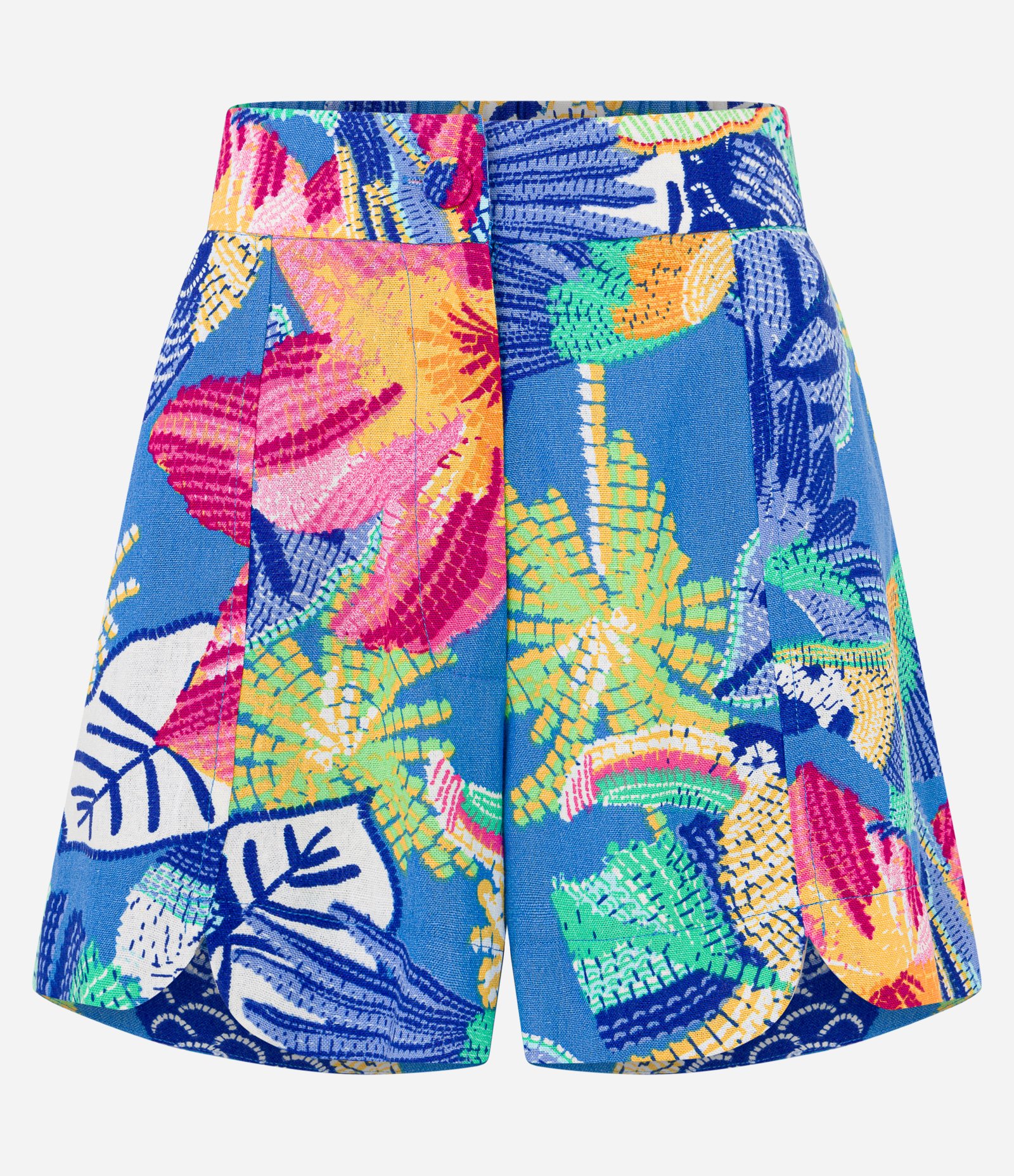 Short Curto em Viscose e Linho com Estampa Tropical e Barra Arredondada Azul 6