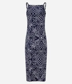 Vestido Midi em Viscose com Decote Costas e Estampa Tropical