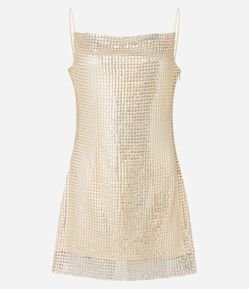 Vestido Curto em Paetê Metalizado com Decote Degagê
