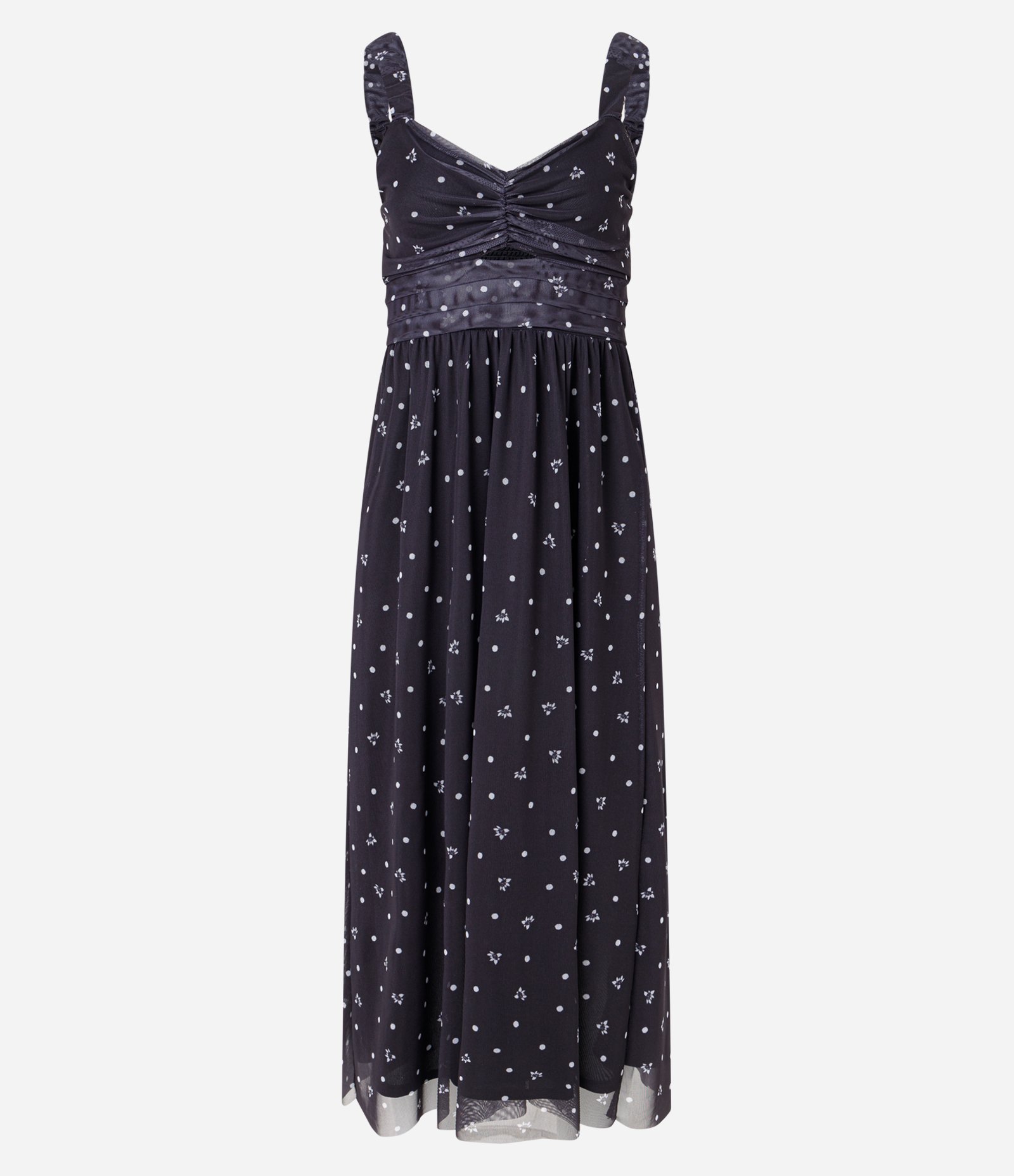 Vestido Midi em Tule com Detalhe Franzido e Estampa Poá e Flores Preto 6