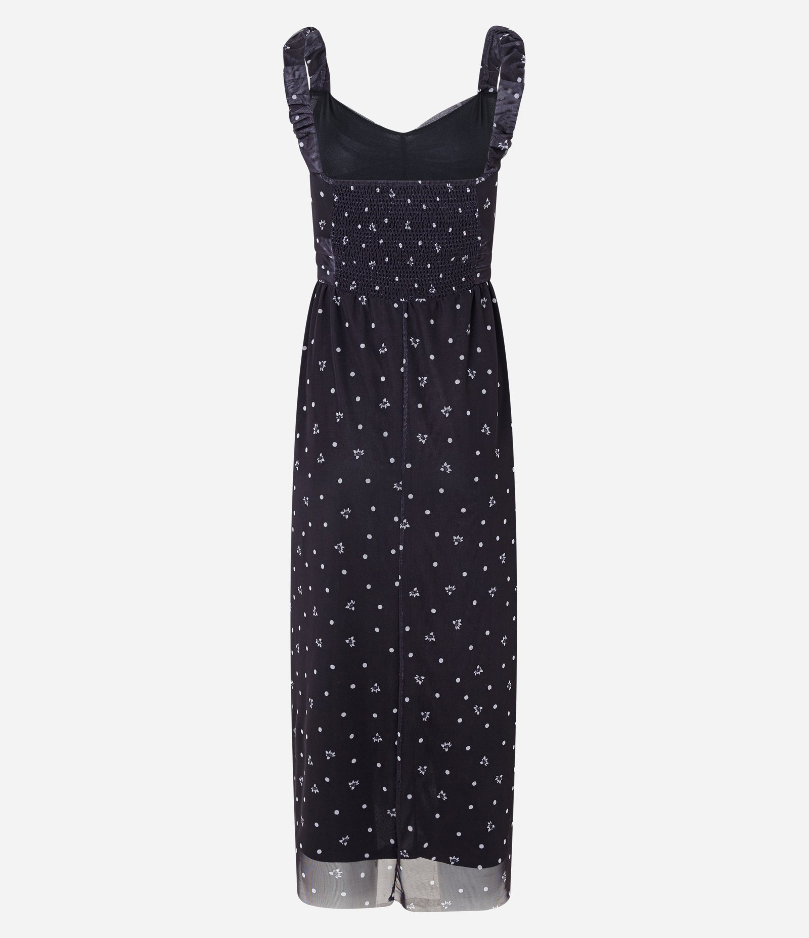 Vestido Midi em Tule com Detalhe Franzido e Estampa Poá e Flores Preto 8