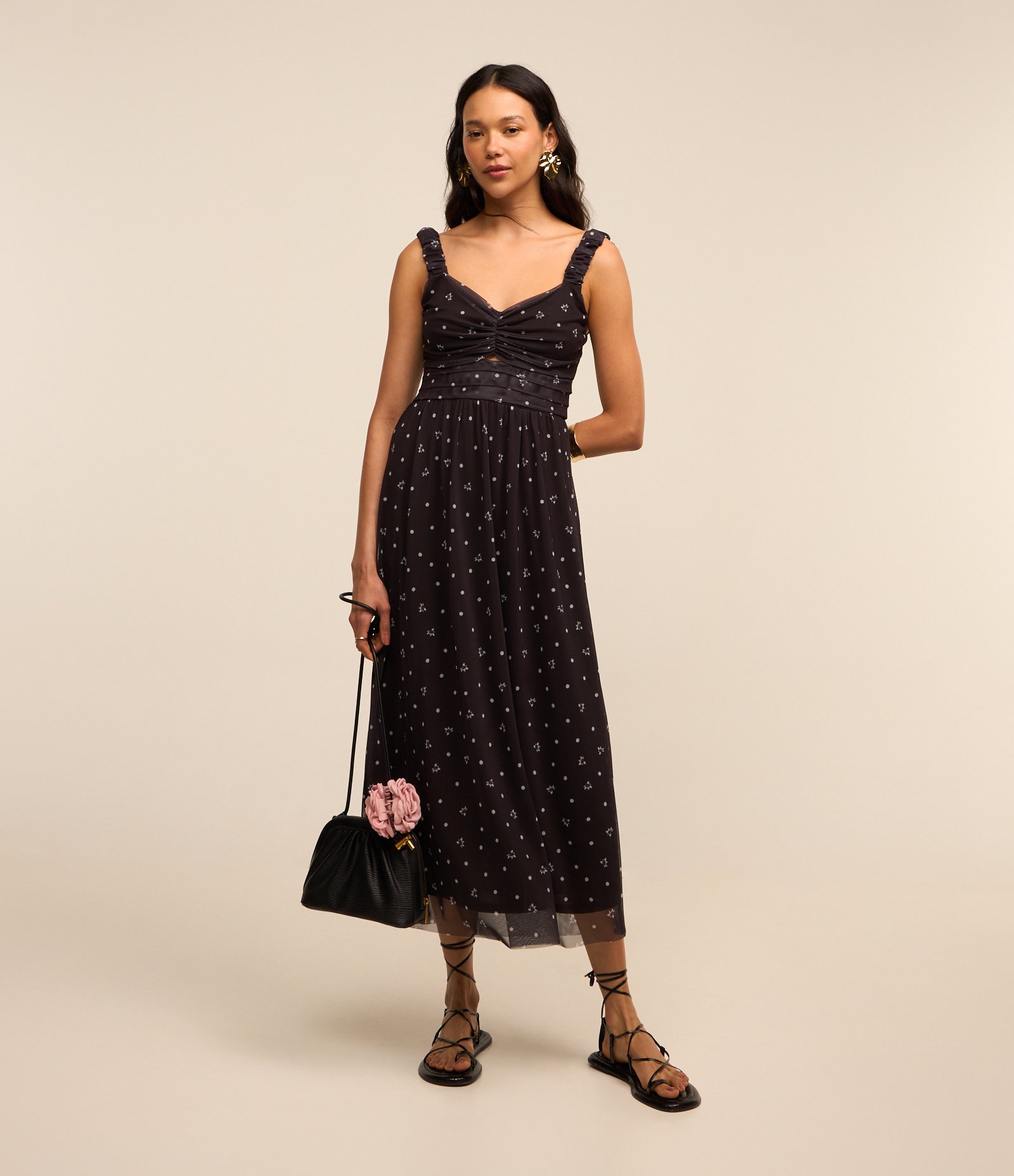 Vestido Midi em Tule com Detalhe Franzido e Estampa Poá e Flores Preto 2