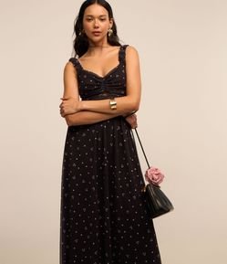 Vestido Midi em Tule com Detalhe Franzido e Estampa Poá e Flores