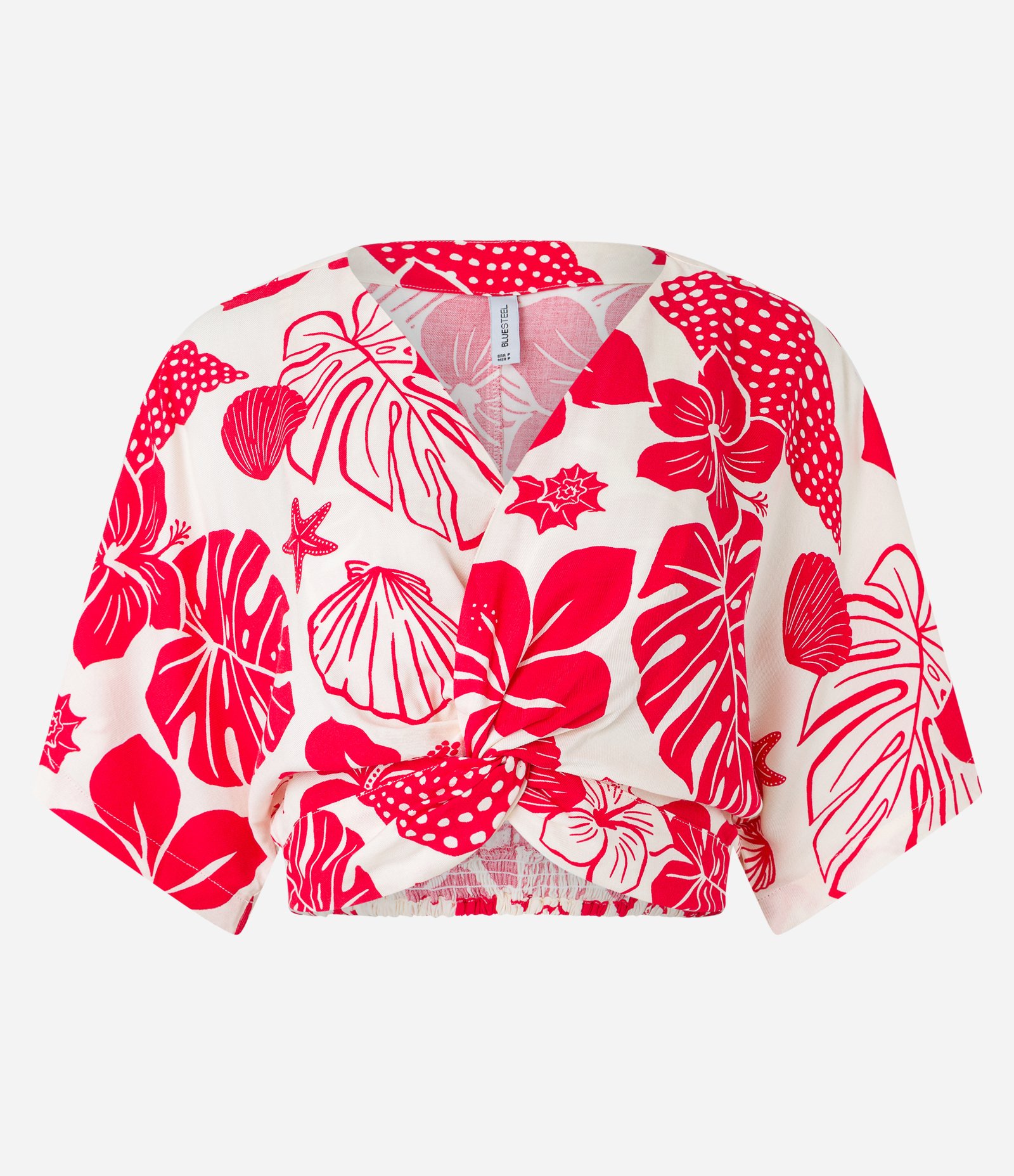 Blusa Cropped em Viscose com Torcidinho no Busto e Estampa Tropical Vermelho 4
