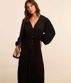 Vestido em Viscose com Manga Bufante e Amarração na Cintura
