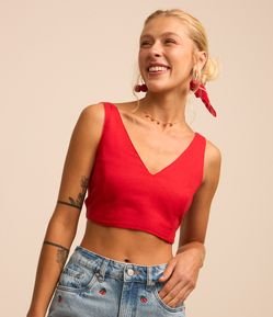 Blusa sem Manga Cropped em Viscose e Linho Dupla Face e Amarração