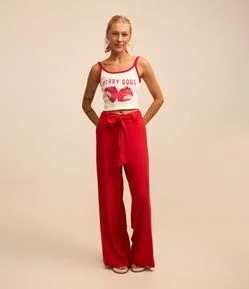 Calça Pantalona em Viscose e Linho com Laço na Cintura e Recortes