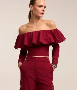 Blusa Ombro a Ombro Alfaiatada com Babado e Zíper Lateral