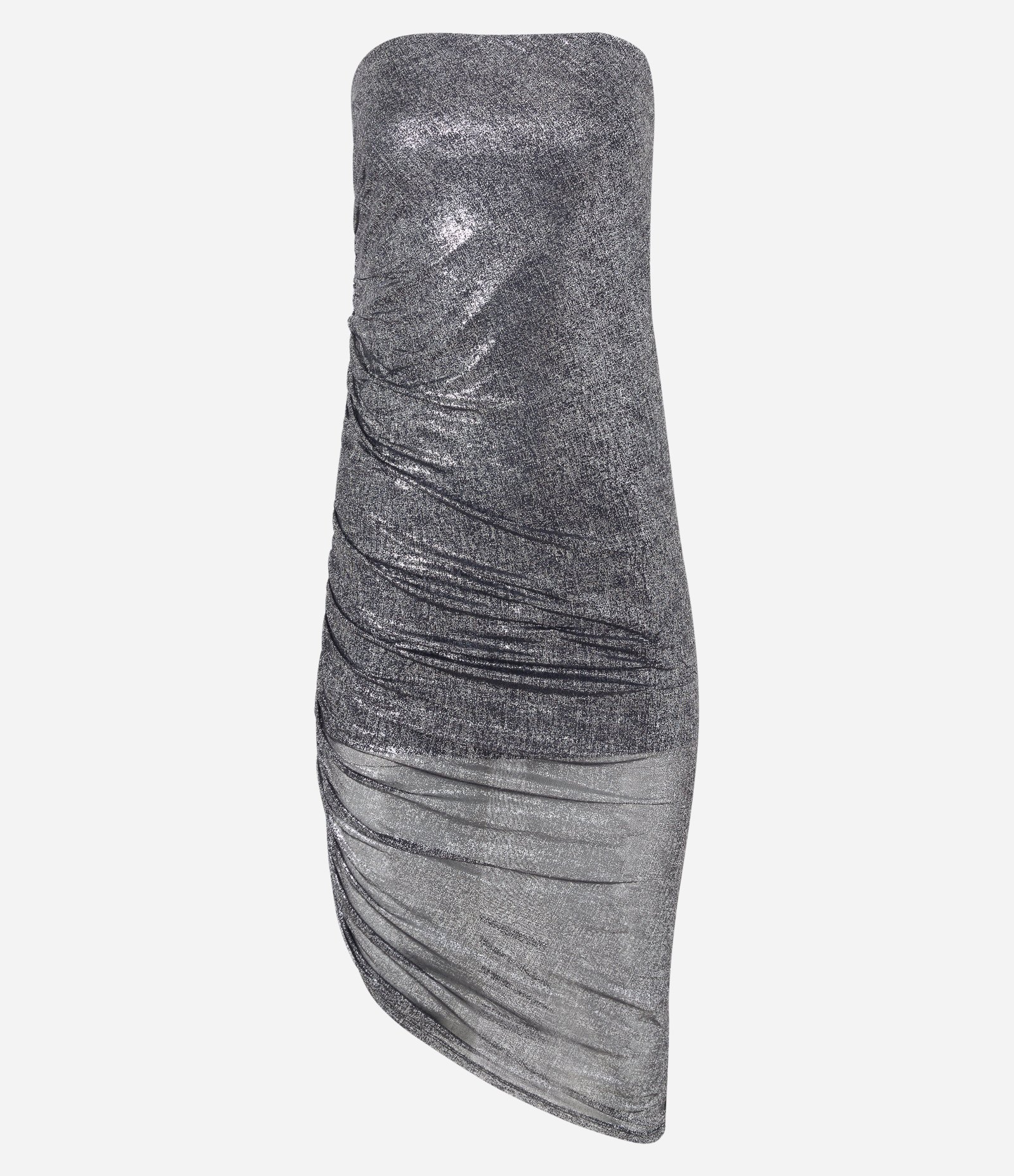 Vestido Midi Tomara que Caia em Tule Metalizado com Barra Assimétrica Prata 6