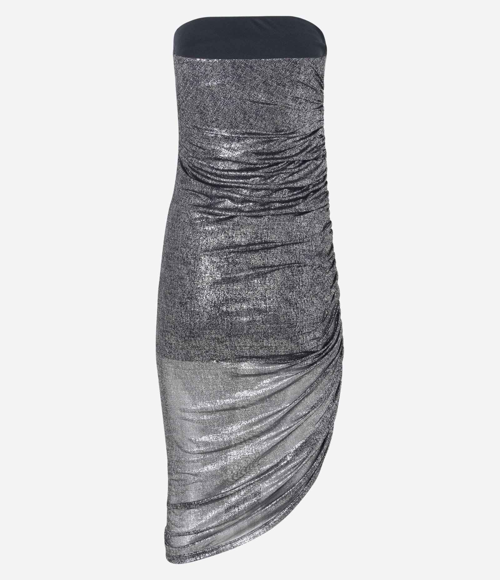 Vestido Midi Tomara que Caia em Tule Metalizado com Barra Assimétrica Prata 8