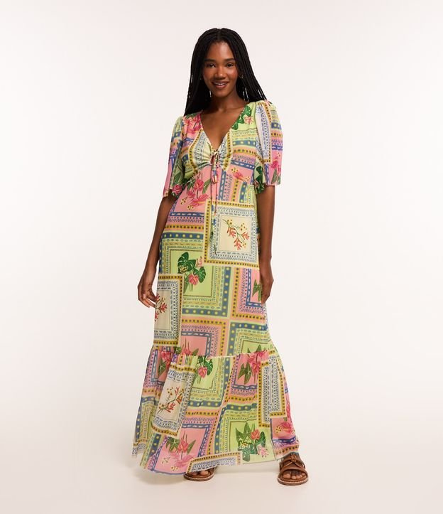 Vestido Longo em Tule com Amarração e Estampa Azulejo