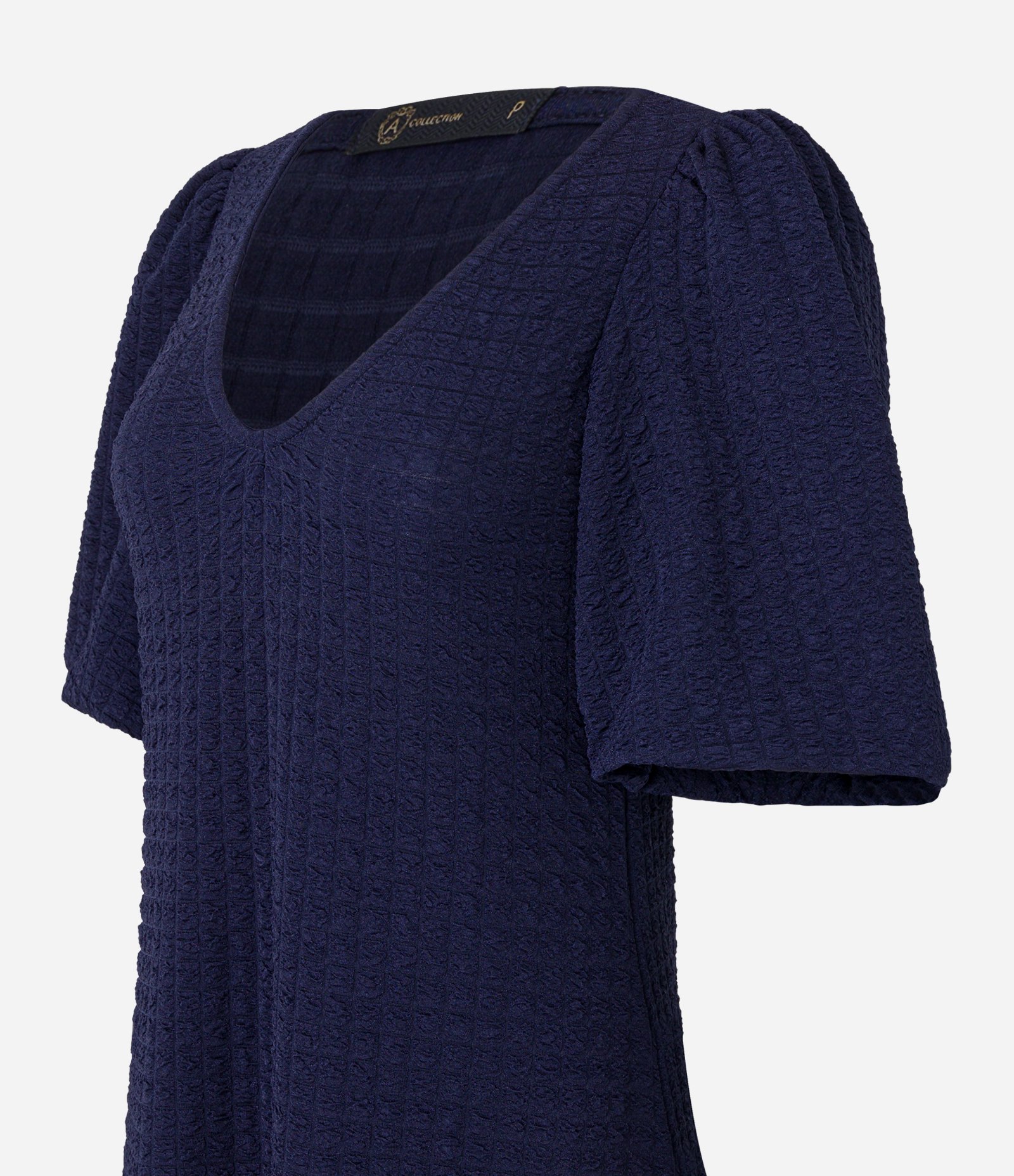 Vestido Midi com Recorte Franzido na Barra e Texturas Azul Marinho 9