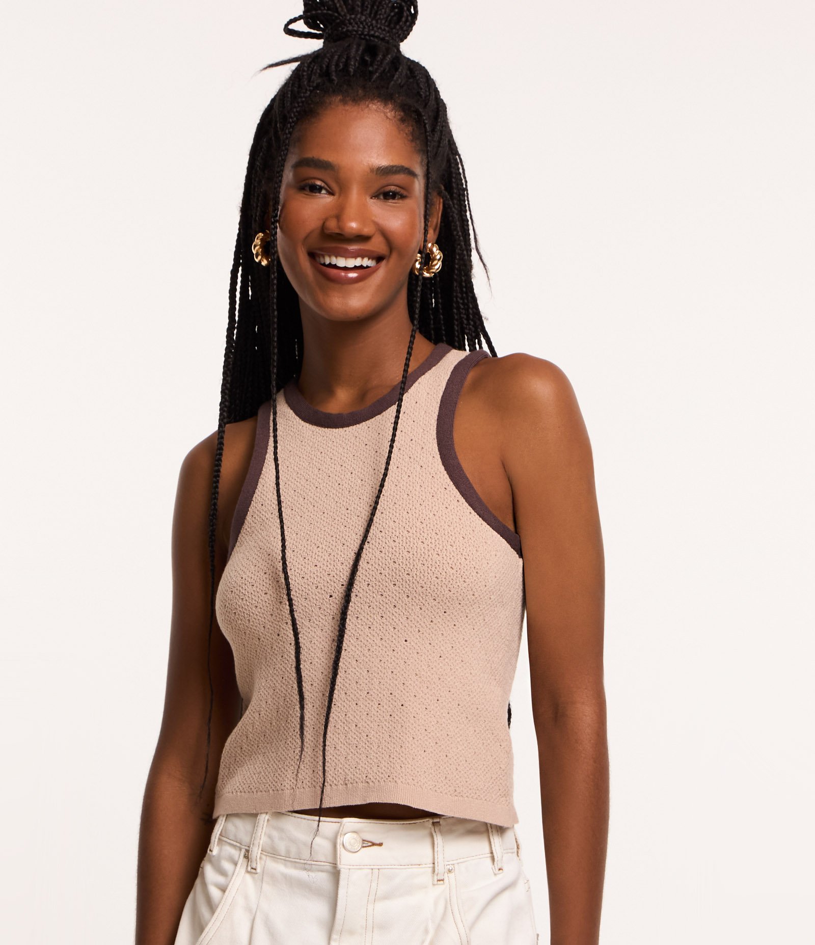 Blusa em Tricô com Textura e Viés Contrastante Bege 1