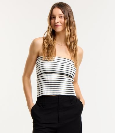 Blusa Tomara que Caia em Tricô Listrado com Pala Virada Menor preço em Blusa Tomara que Caia em Tricô Listrado com Pala Virada