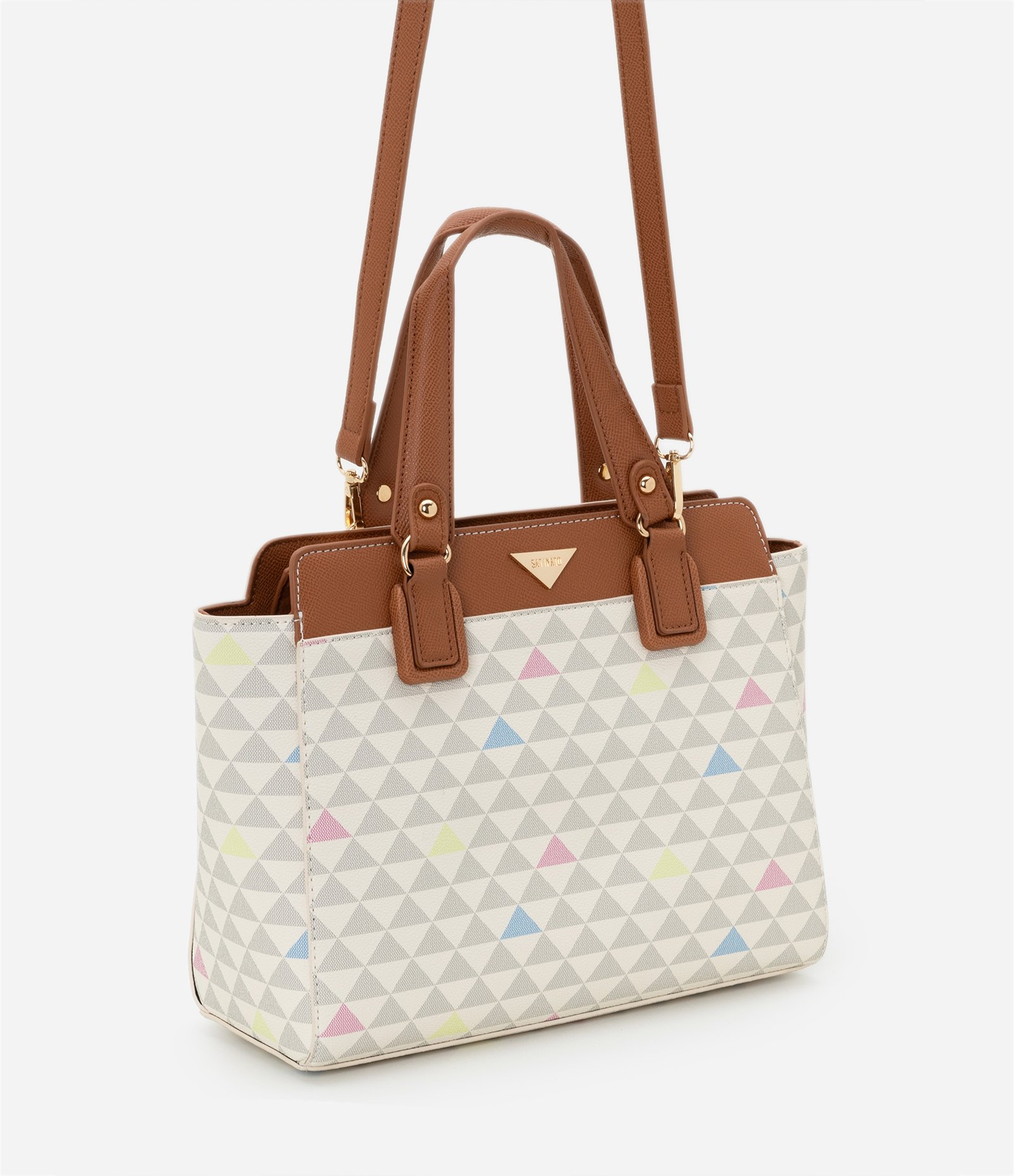Bolsa Satchel Grande em PU Estampa Triângulos Coloridos U 1