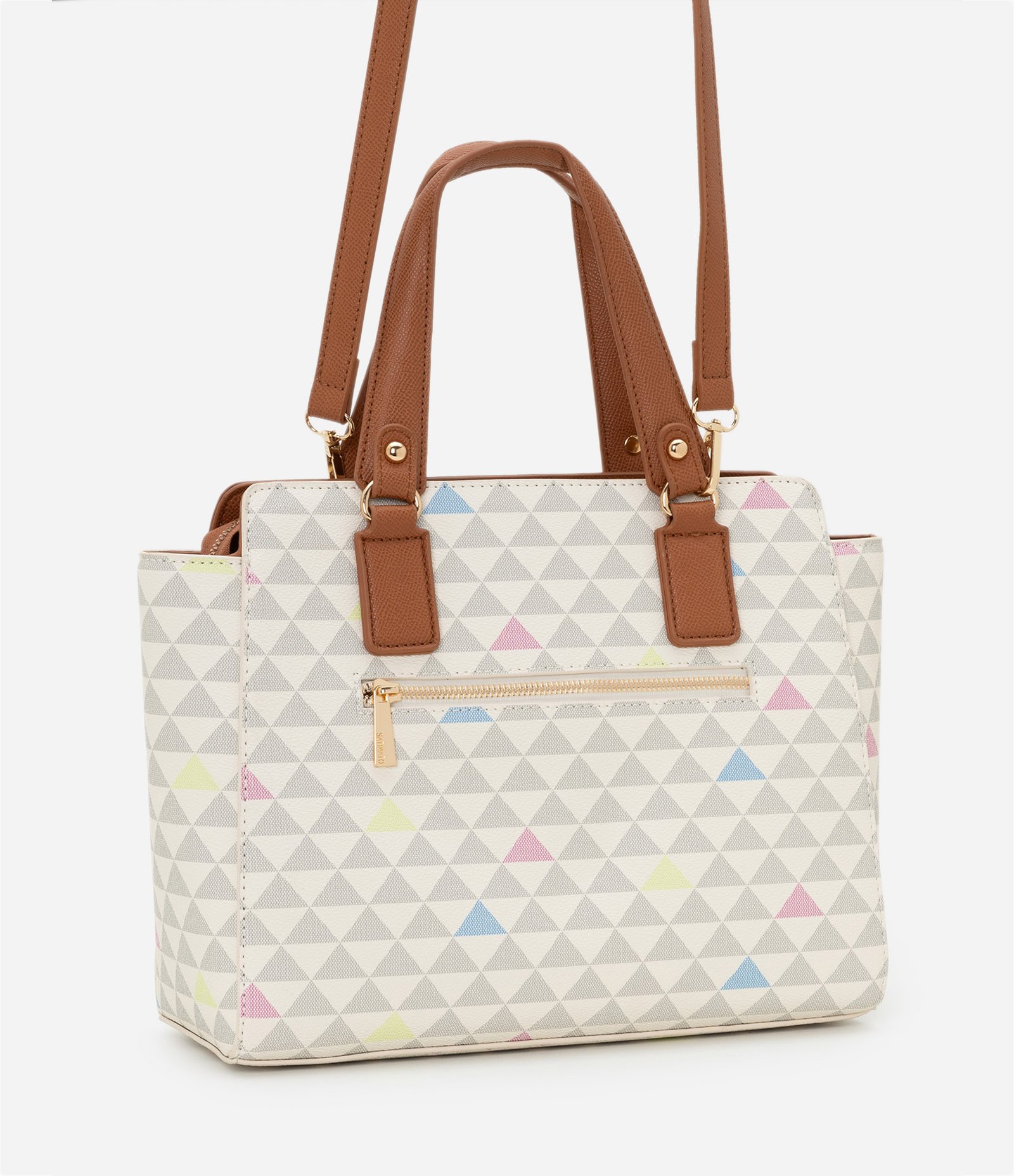 Bolsa Satchel Grande em PU Estampa Triângulos Coloridos U 3