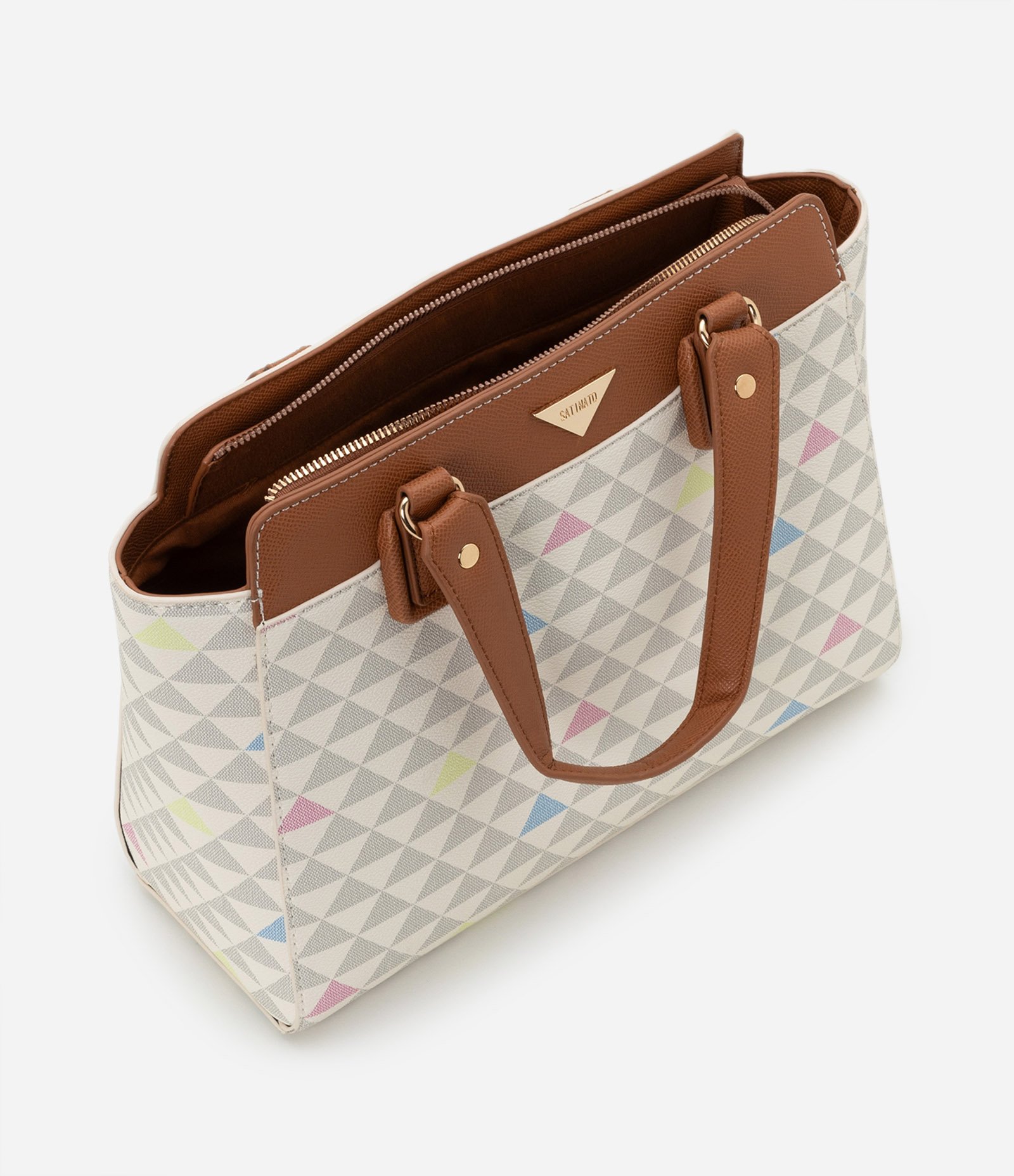 Bolsa Satchel Grande em PU Estampa Triângulos Coloridos U 4