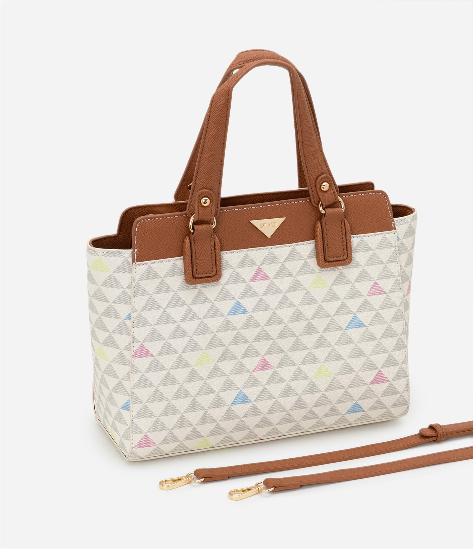 Bolsa Satchel Grande em PU Estampa Triângulos Coloridos U 5