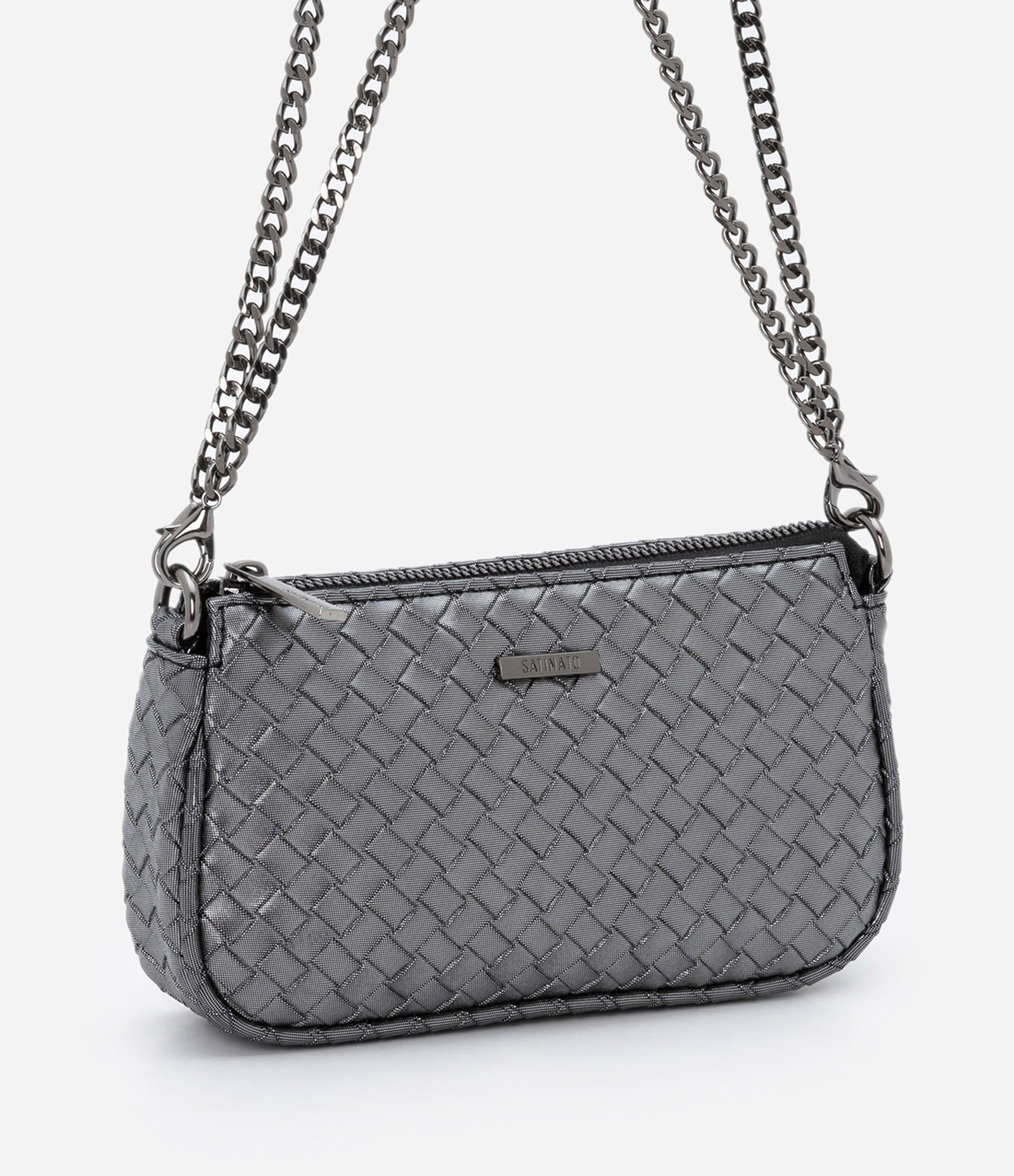 Bolsa Transversal Pequena com Textura Tressê e Alças em Corrente U 1