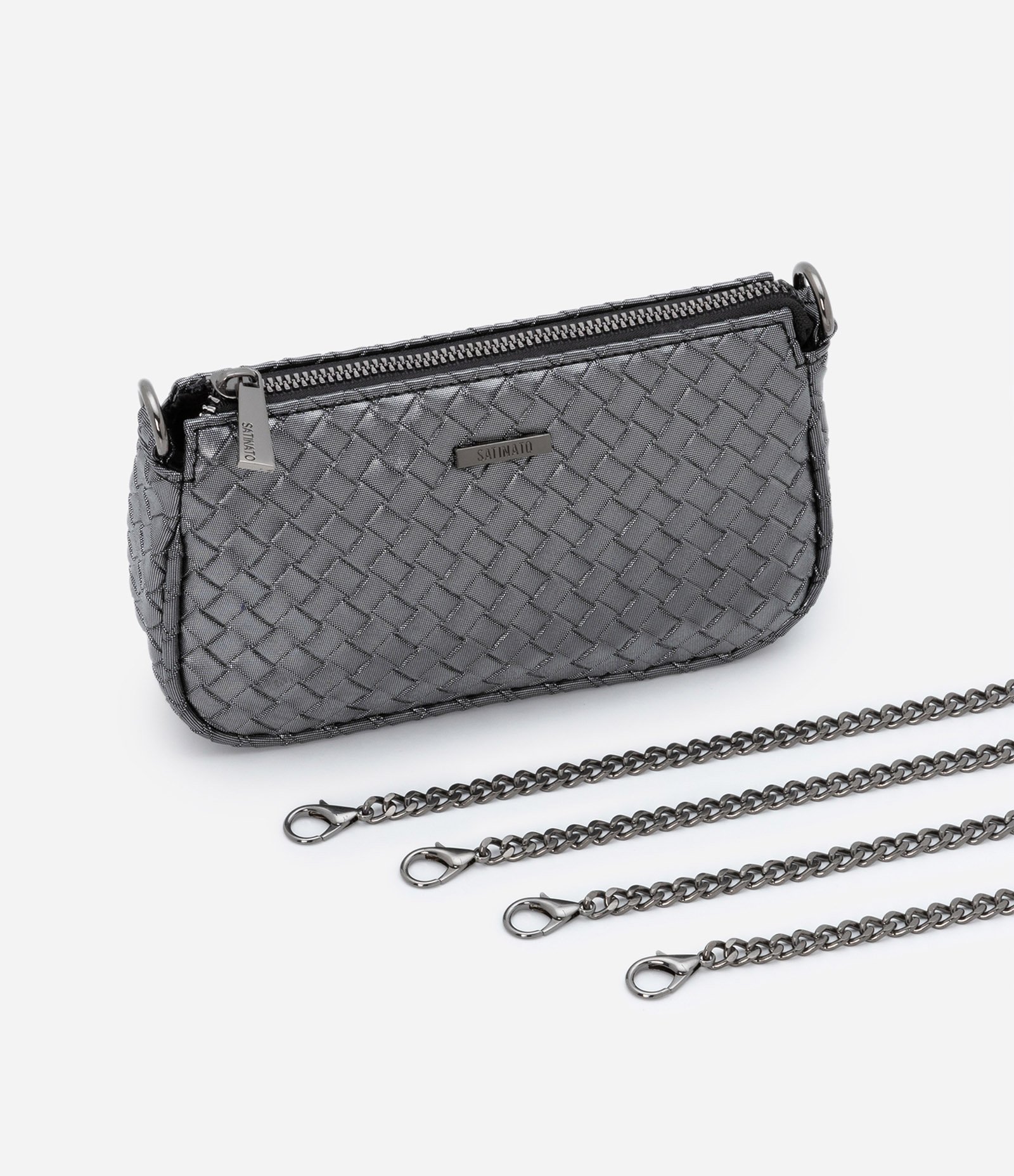 Bolsa Transversal Pequena com Textura Tressê e Alças em Corrente U 7
