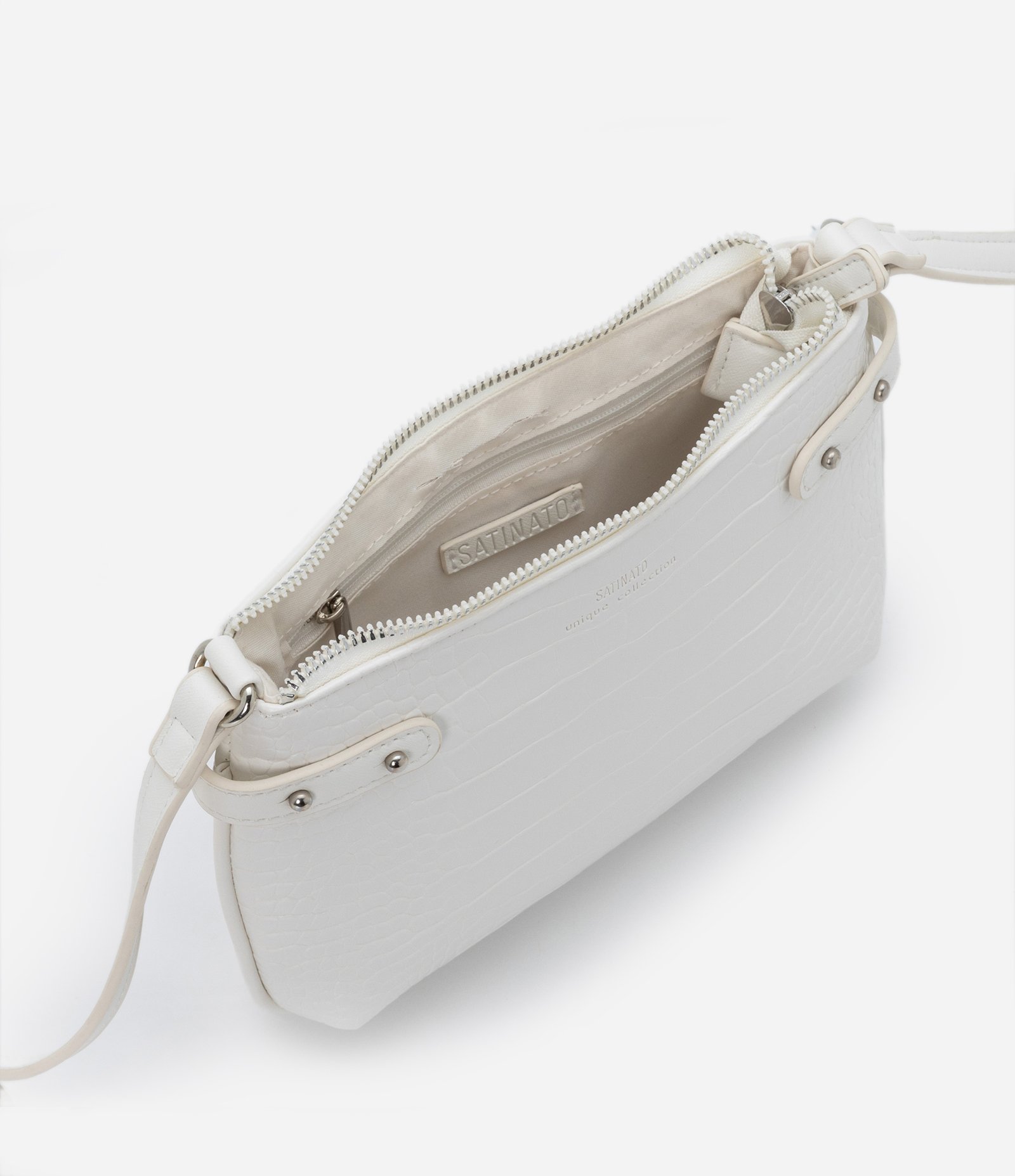 Bolsa Transversal em Pu com Textura Croco Off White 4