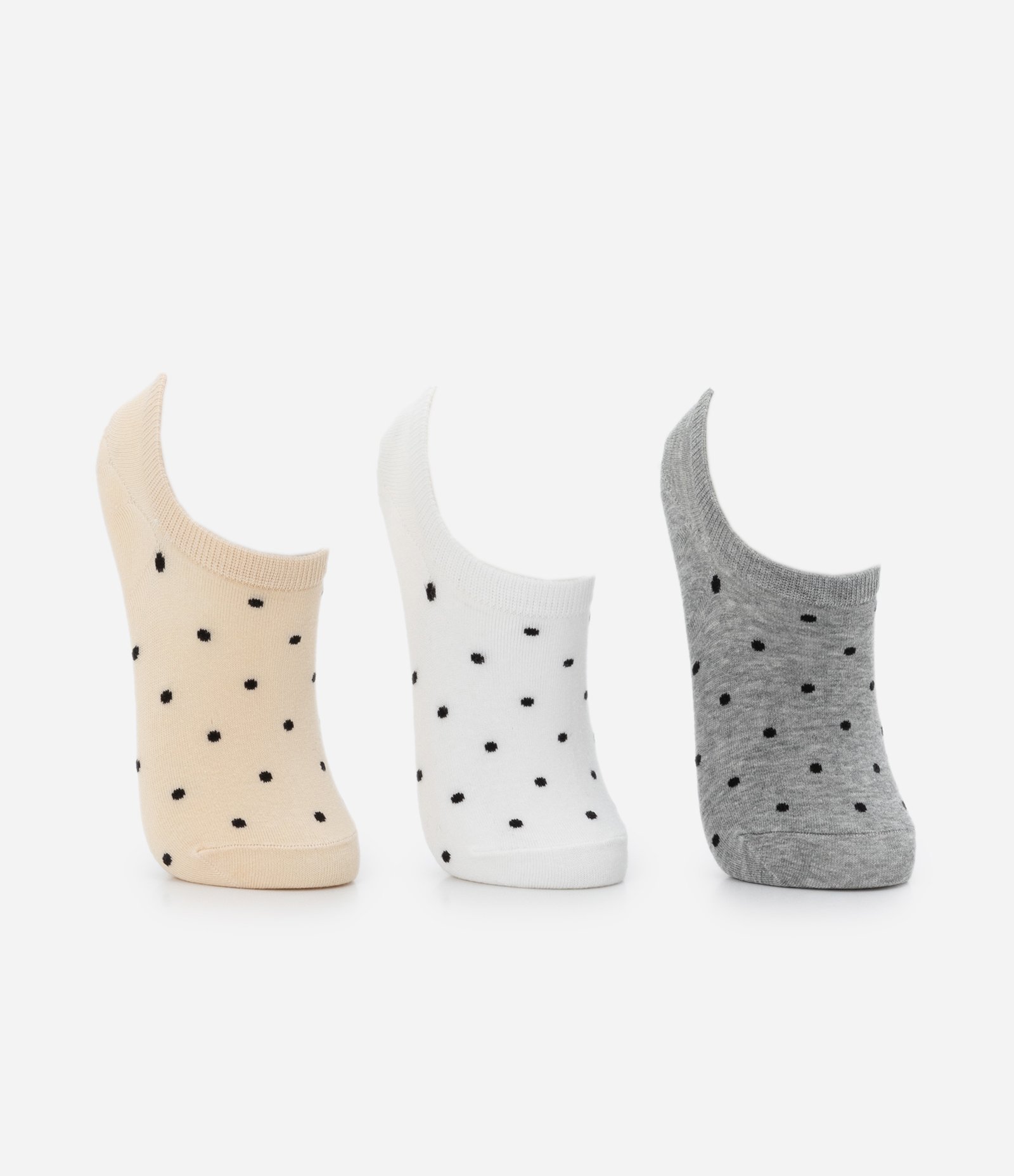 Kit 03 Meias Invisíveis em Algodão com Estampa em Poá Bege/Branco/Cinza 2