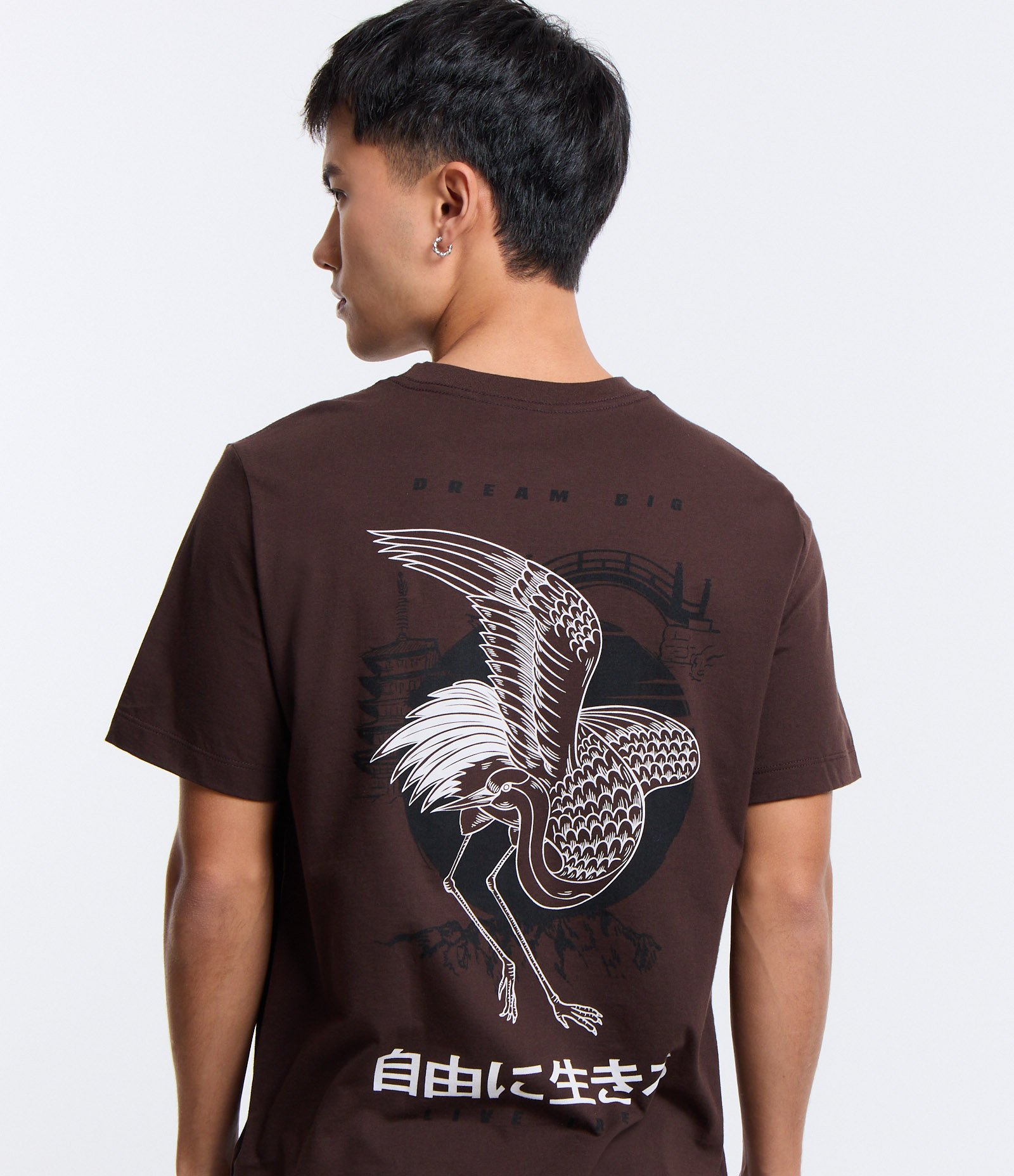 Camiseta Regular em Algodão e Estampa Garça Marrom 5