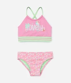 Biquíni Infantil com Estampa de Tucaninha e Lettering Love - Tam 2 a 4 Anos