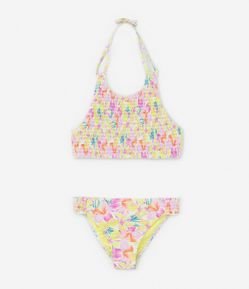 Biquíni Infantil com Lastex e Estampa Floral de Hibiscus - Tam 5 a 14 anos