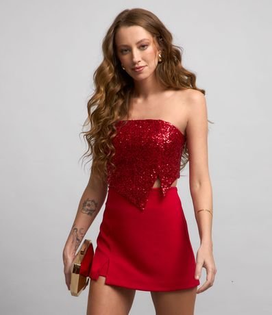 Blusa Cropped em Paetê Tomara Que Caia com Pontas Assimétricas e Recortes Menor preço em Blusa Cropped em Paetê Tomara Que Caia com Pontas Assimétricas e Recortes