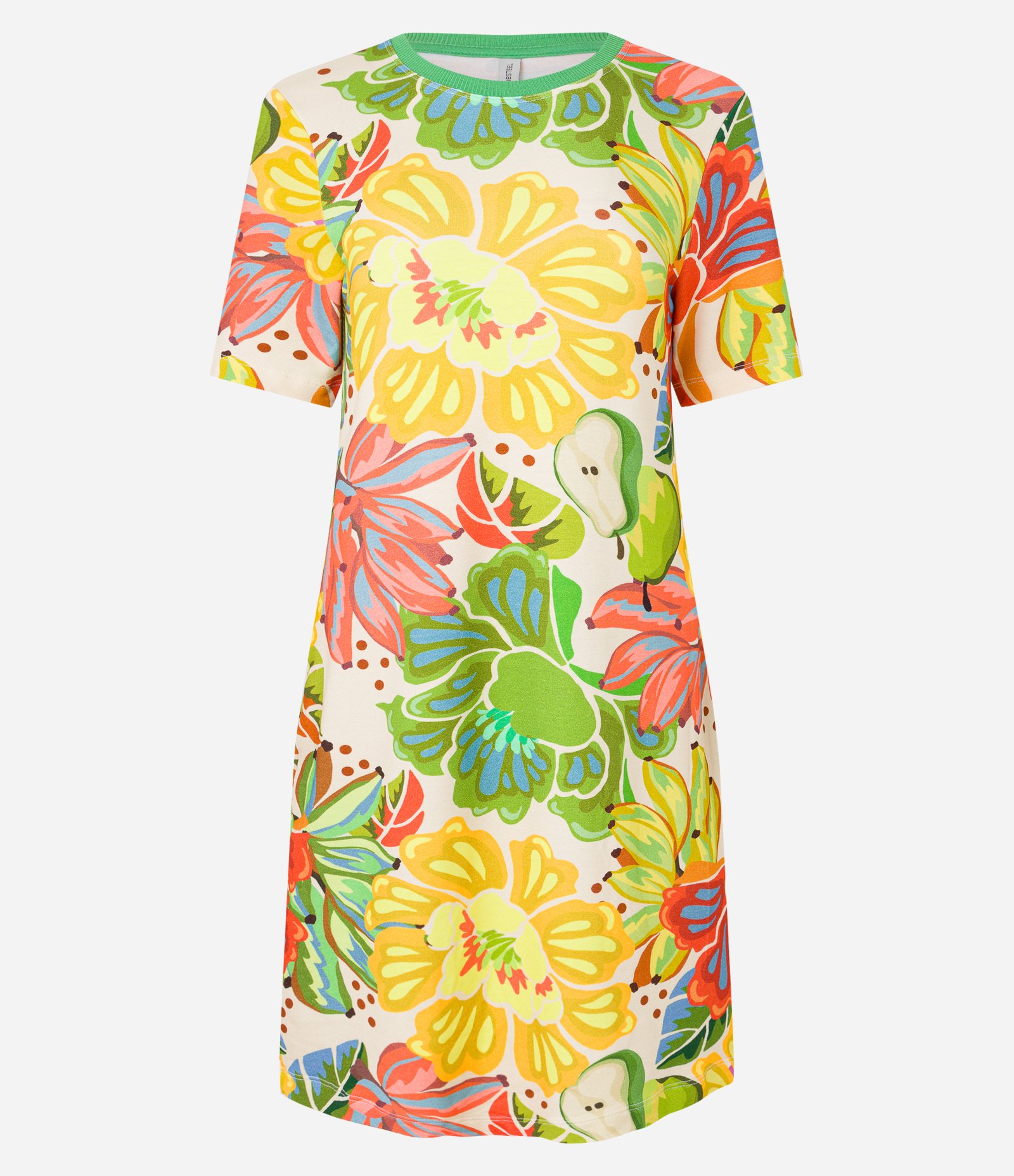 Vestido T-shirt Curto em Viscose com Estampa Flores e Frutas Amarelo 5