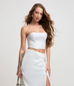 Blusa Cropped em Crepe Metalizado com Barbatanas e Zíper