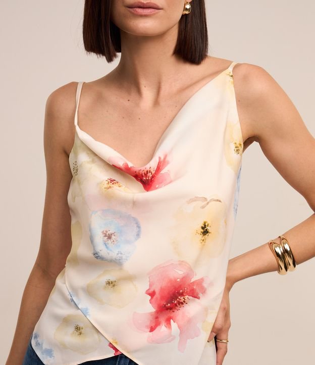 Blusa de Alcinha Acetinada com Estampada Floral e Barra Assimétrica