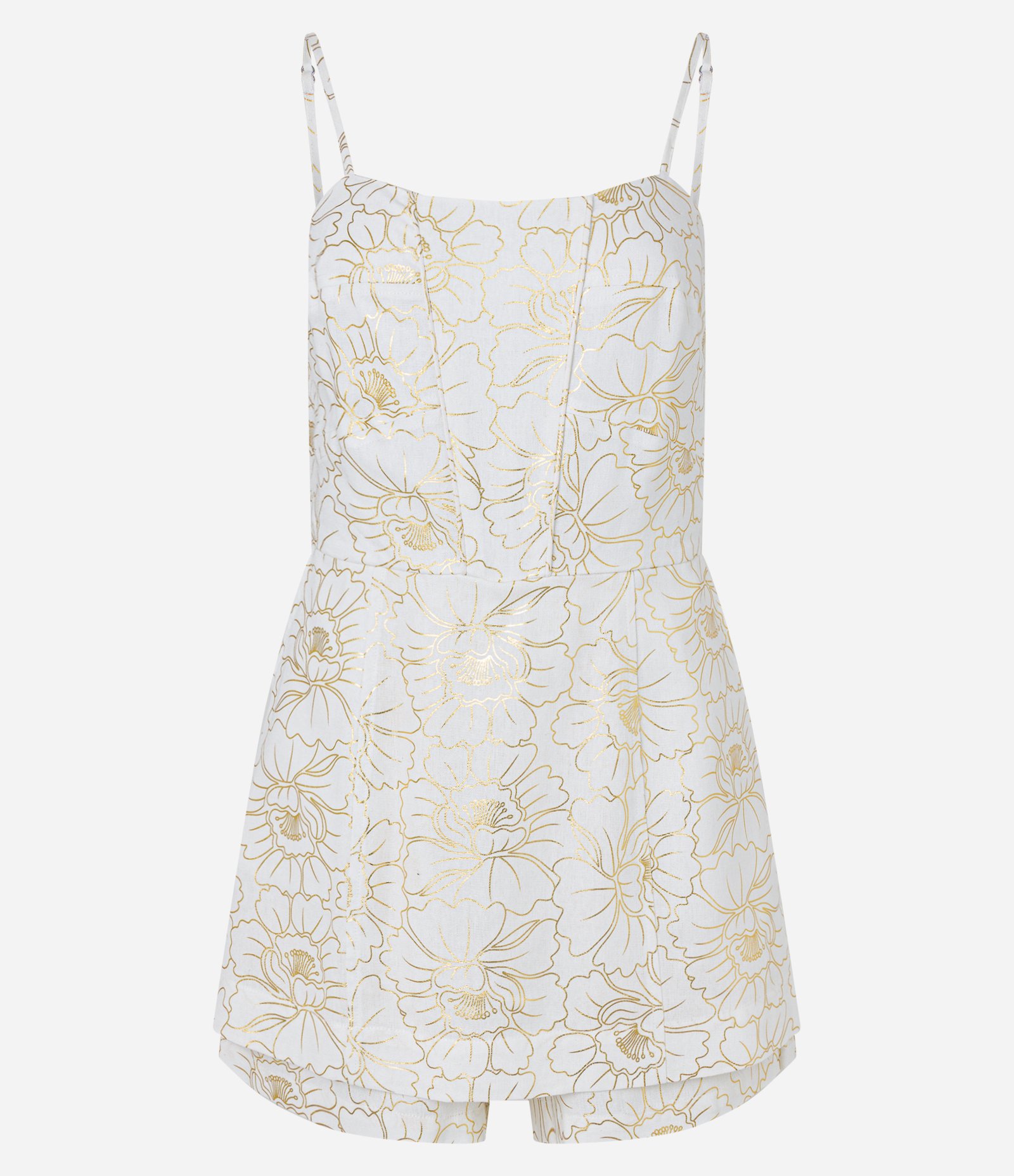 Macaquinho em Viscose e Linho com Estampa Floral de Foil Dourado/Branco 5