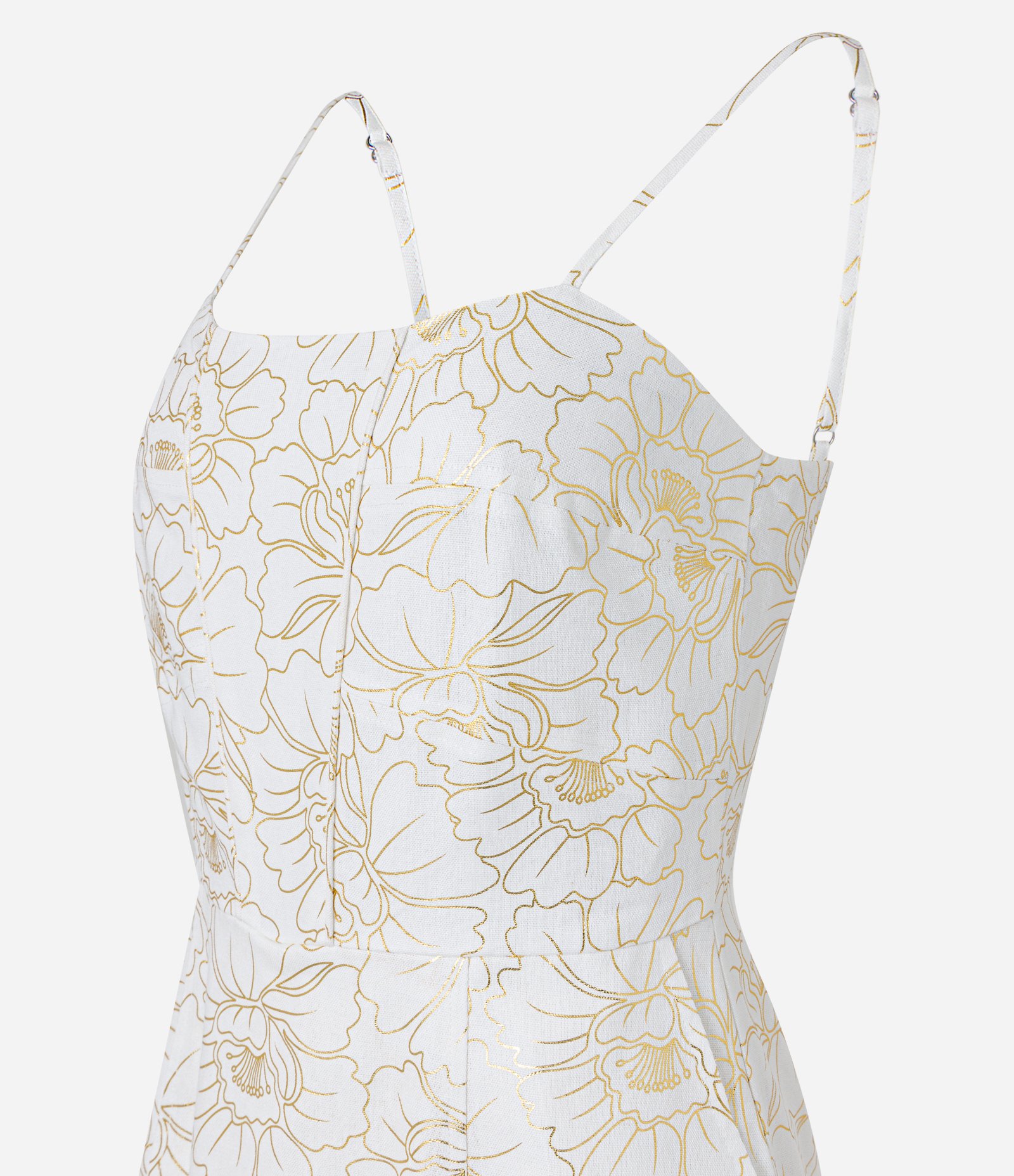 Macaquinho em Viscose e Linho com Estampa Floral de Foil Dourado/Branco 6