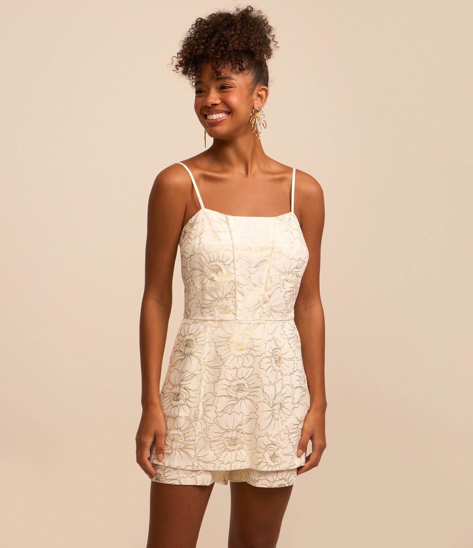 Macaquinho em Viscose e Linho com Estampa Floral de Foil Dourado/Branco 2