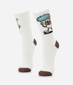 Meia Cano Alto em Algodão com Estampa Cartoon Café