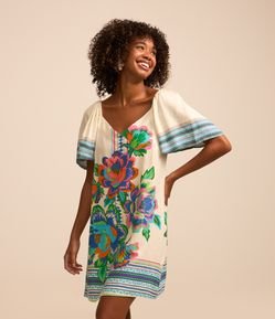 Vestido Curto em Viscose e Linho com Estampa Floral Étnica