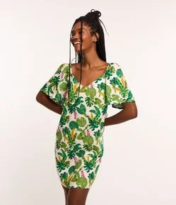 Vestido Curto em Viscolinho com Folhagens Estampadas
