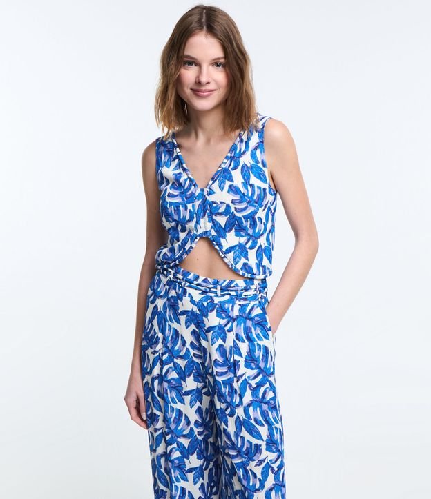 Calça Pantalona em Crepe com Estampa com Corda no Cós