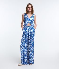 Calça Pantalona em Crepe com Estampa com Corda no Cós