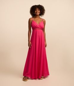 Vestido Longo em Viscose e Linho com Detalhe Vazado