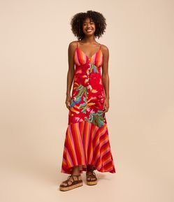 Vestido New Midi em Viscose e Linho com Estampa Tropical