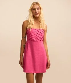Vestido Curto em Viscose e Linho com Pregas no Busto