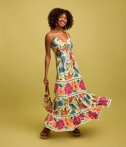 Vestido New Midi em Viscose e Linho com Estampa de Folhagens