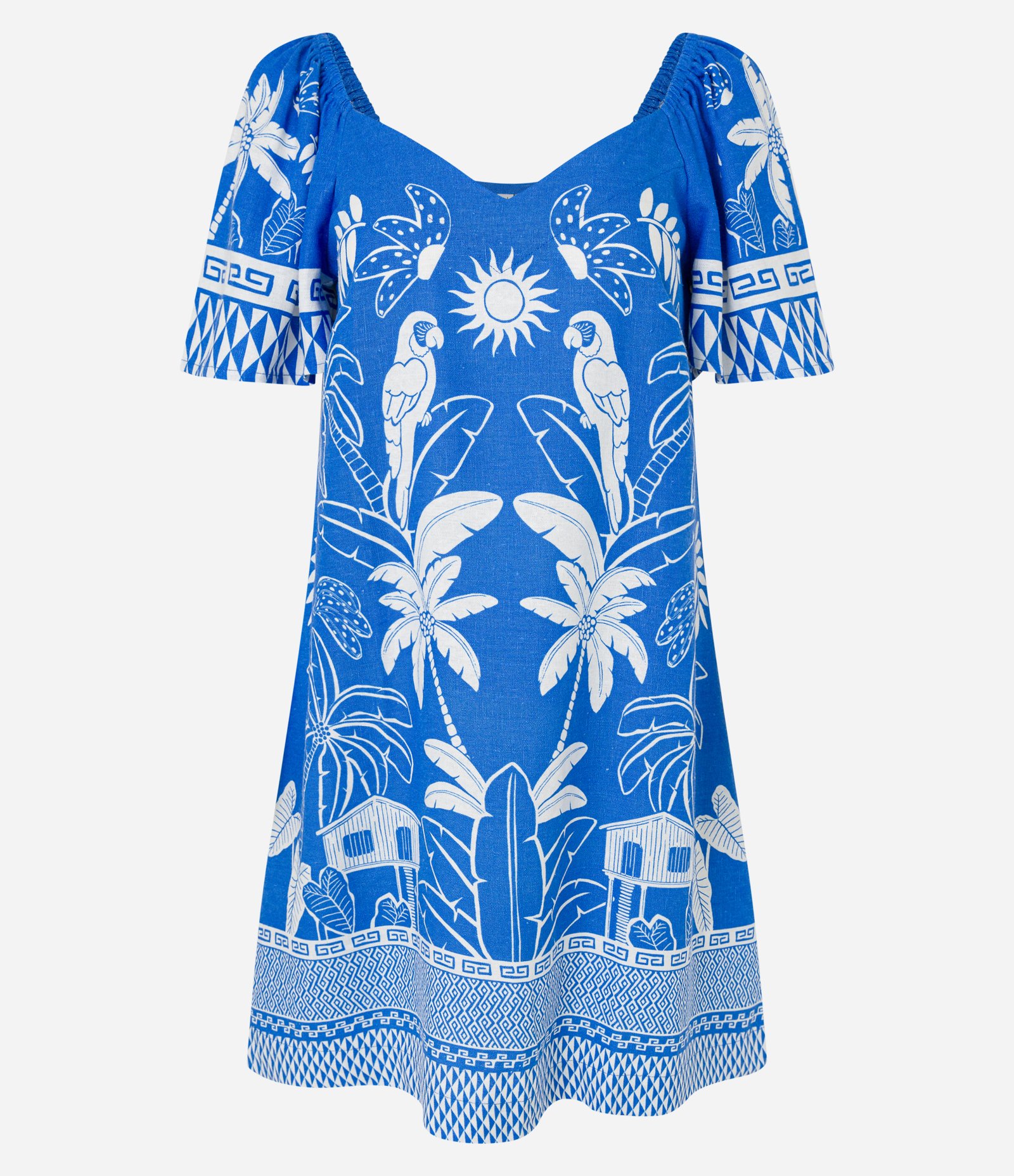 Vestido Curto em Viscolinho com Decote V e Estampa  Tropical Azul 4