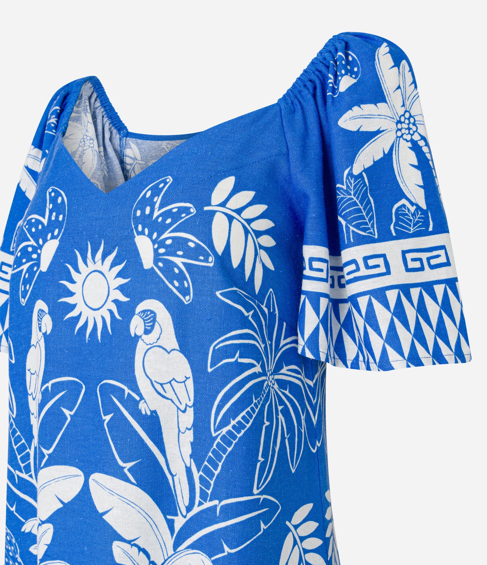 Vestido Curto em Viscolinho com Decote V e Estampa  Tropical Azul 5