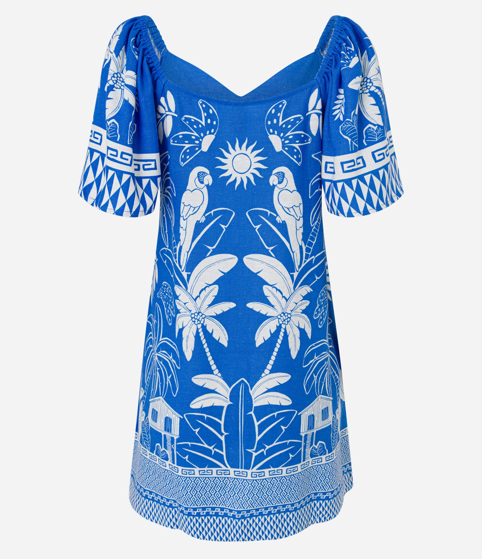 Vestido Curto em Viscolinho com Decote V e Estampa  Tropical Azul 6